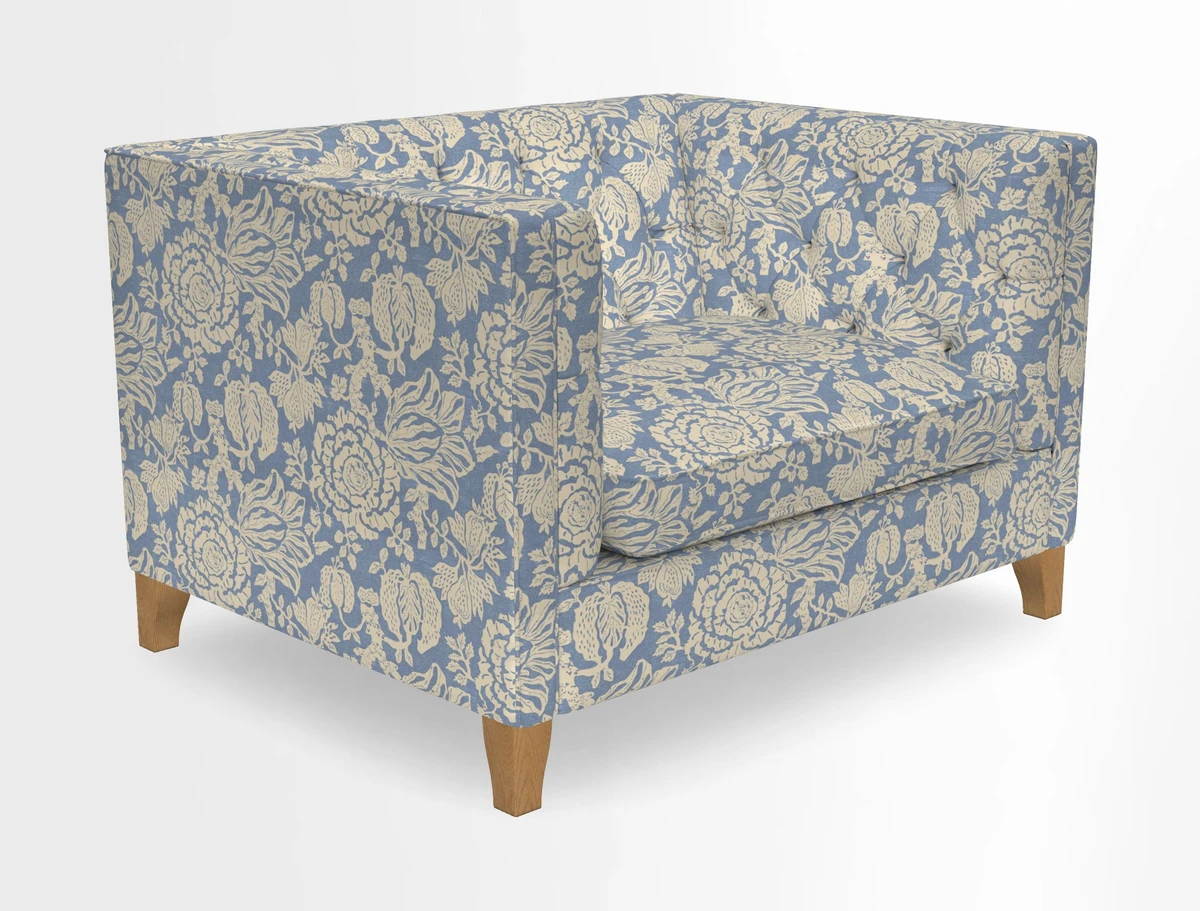 Haresfield Snuggler Dipped Arms in Mohair Lichen Seat Cushion in RHS Gertrude Jekyll Meadow Flower Olive and Scatters in RHS Gertrude Jekyll Folklore Olive