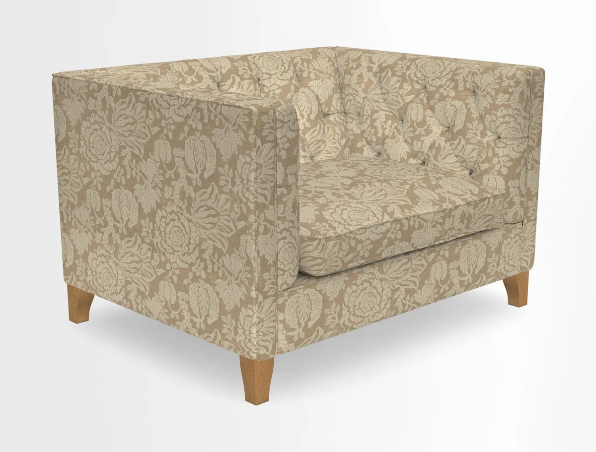 Haresfield Snuggler Dipped Arms in Mohair Lichen Seat Cushion in RHS Gertrude Jekyll Meadow Flower Olive and Scatters in RHS Gertrude Jekyll Folklore Olive