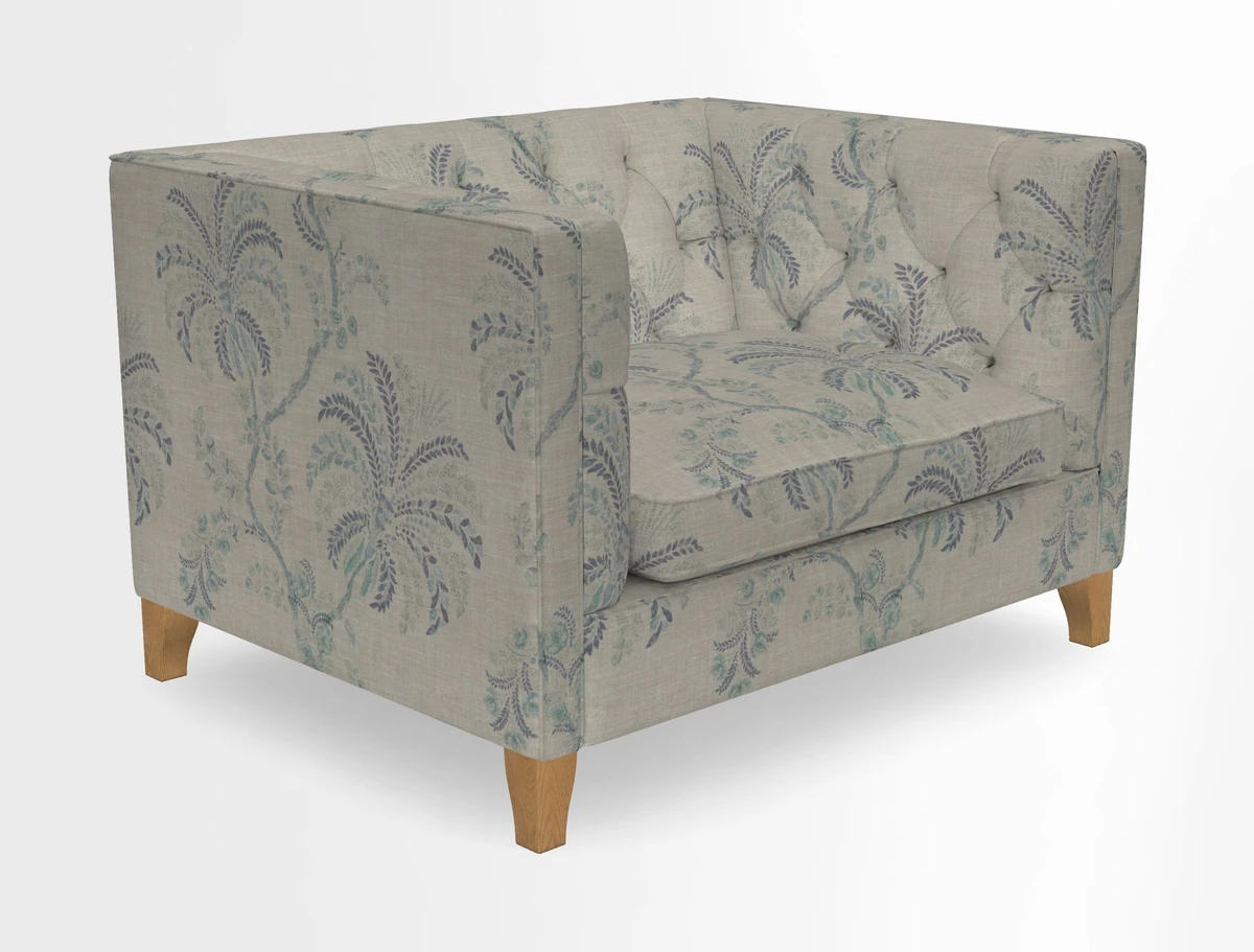 Haresfield Snuggler Dipped Arms in Mohair Lichen Seat Cushion in RHS Gertrude Jekyll Meadow Flower Olive and Scatters in RHS Gertrude Jekyll Folklore Olive