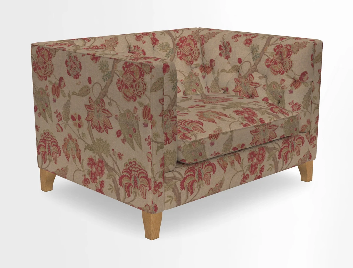 Haresfield Snuggler Dipped Arms in Mohair Lichen Seat Cushion in RHS Gertrude Jekyll Meadow Flower Olive and Scatters in RHS Gertrude Jekyll Folklore Olive