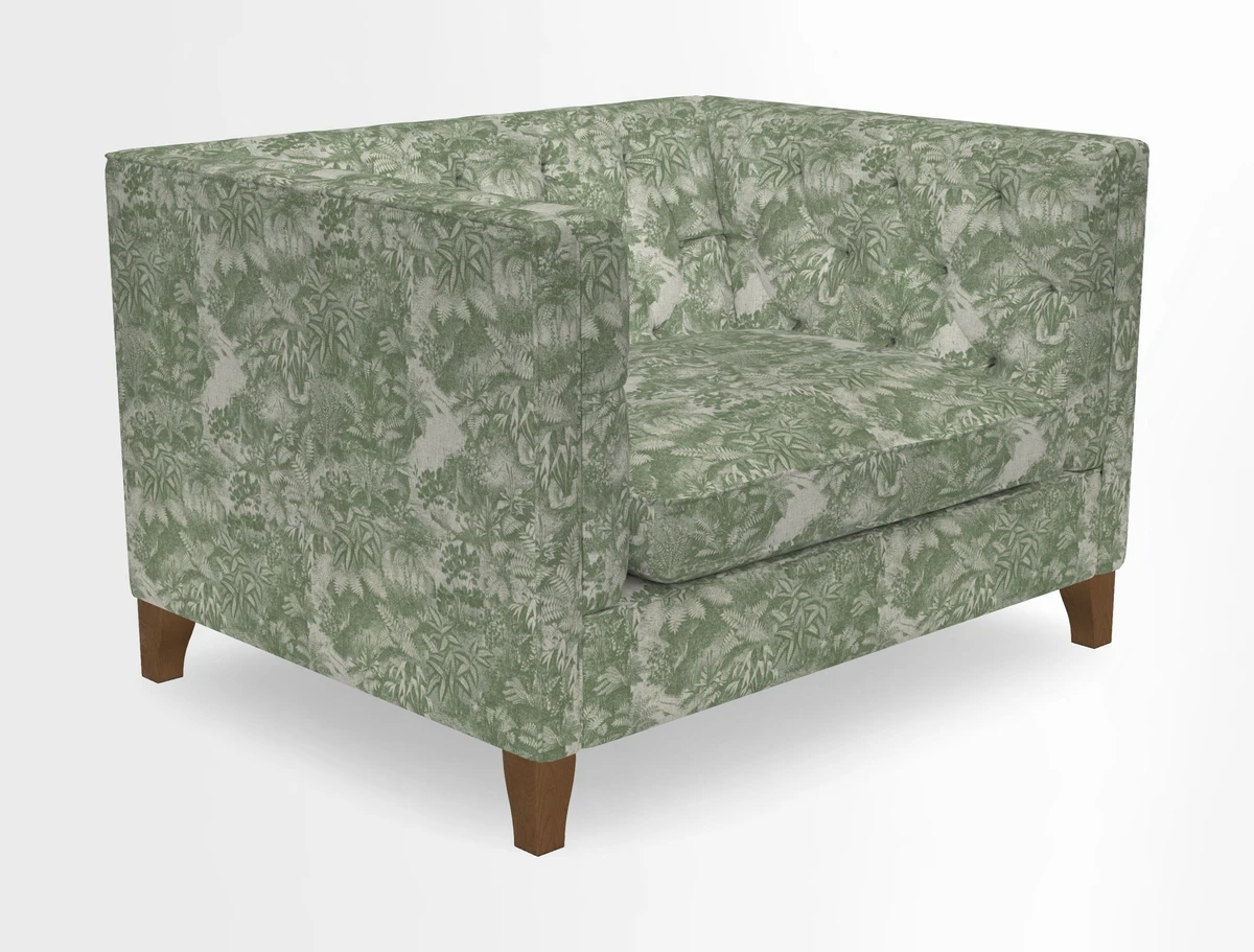 Haresfield Snuggler Dipped Arms in Mohair Lichen Seat Cushion in RHS Gertrude Jekyll Meadow Flower Olive and Scatters in RHS Gertrude Jekyll Folklore Olive