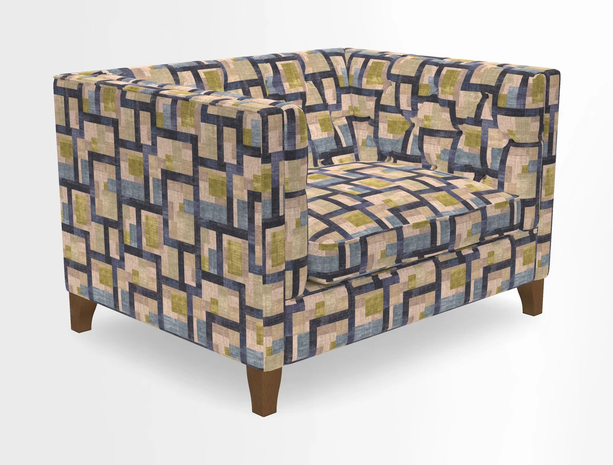 Haresfield Snuggler Dipped Arms in Mohair Lichen Seat Cushion in RHS Gertrude Jekyll Meadow Flower Olive and Scatters in RHS Gertrude Jekyll Folklore Olive