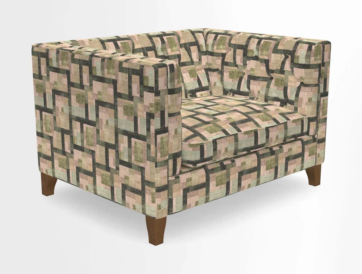 Haresfield Snuggler Dipped Arms in Mohair Lichen Seat Cushion in RHS Gertrude Jekyll Meadow Flower Olive and Scatters in RHS Gertrude Jekyll Folklore Olive