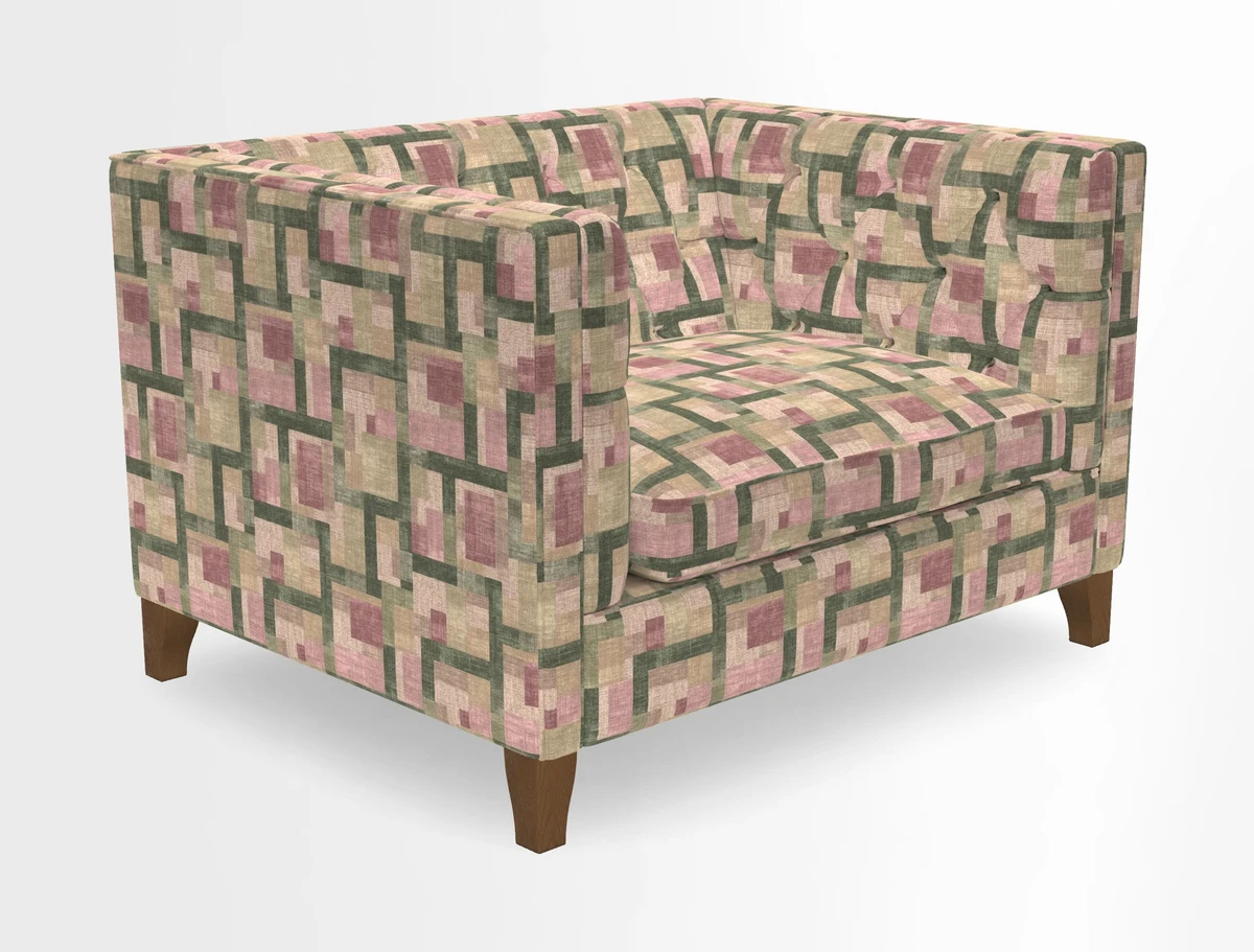 Haresfield Snuggler Dipped Arms in Mohair Lichen Seat Cushion in RHS Gertrude Jekyll Meadow Flower Olive and Scatters in RHS Gertrude Jekyll Folklore Olive