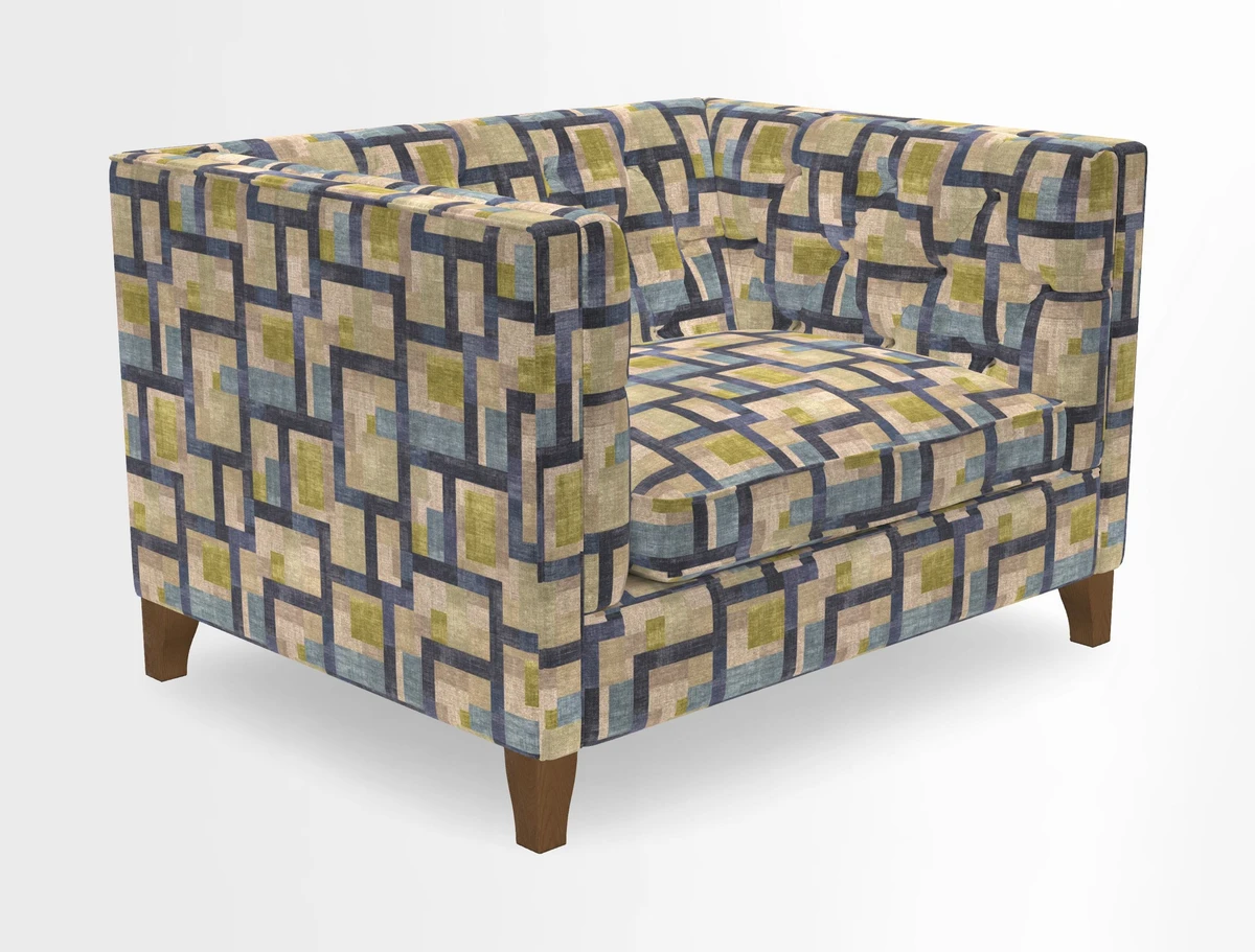 Haresfield Snuggler Dipped Arms in Mohair Lichen Seat Cushion in RHS Gertrude Jekyll Meadow Flower Olive and Scatters in RHS Gertrude Jekyll Folklore Olive