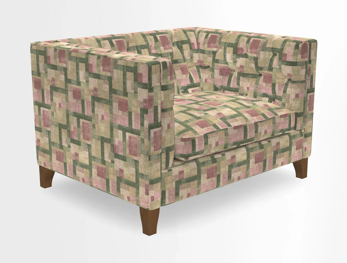 Haresfield Snuggler Dipped Arms in Mohair Lichen Seat Cushion in RHS Gertrude Jekyll Meadow Flower Olive and Scatters in RHS Gertrude Jekyll Folklore Olive