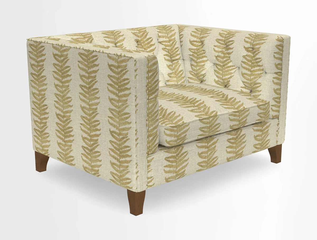 Haresfield Snuggler Dipped Arms in Mohair Lichen Seat Cushion in RHS Gertrude Jekyll Meadow Flower Olive and Scatters in RHS Gertrude Jekyll Folklore Olive