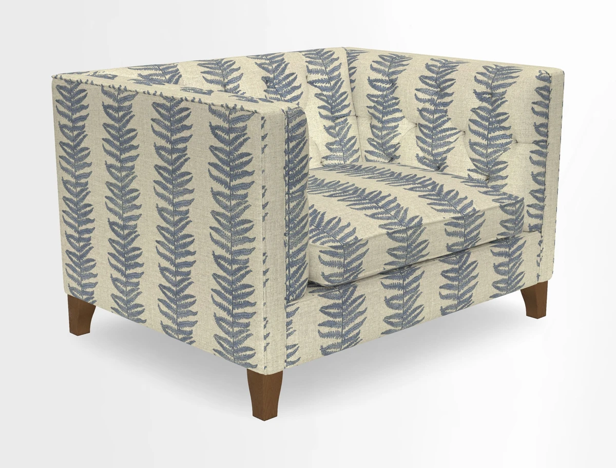 Haresfield Snuggler Dipped Arms in Mohair Lichen Seat Cushion in RHS Gertrude Jekyll Meadow Flower Olive and Scatters in RHS Gertrude Jekyll Folklore Olive