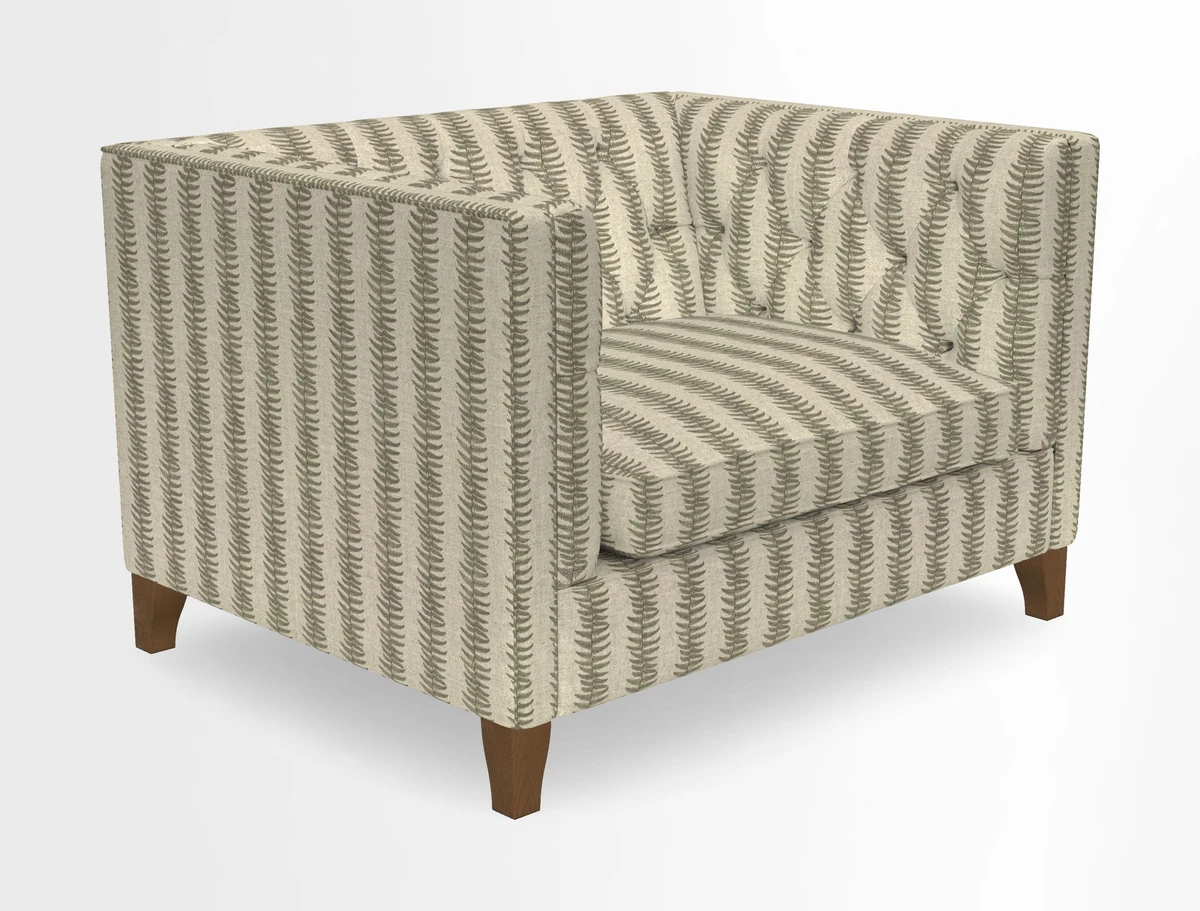 Haresfield Snuggler Dipped Arms in Mohair Lichen Seat Cushion in RHS Gertrude Jekyll Meadow Flower Olive and Scatters in RHS Gertrude Jekyll Folklore Olive
