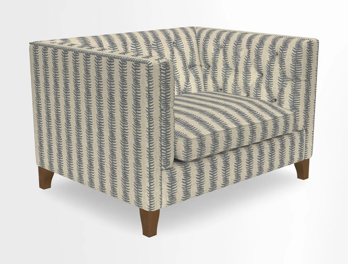 Haresfield Snuggler Dipped Arms in Mohair Lichen Seat Cushion in RHS Gertrude Jekyll Meadow Flower Olive and Scatters in RHS Gertrude Jekyll Folklore Olive
