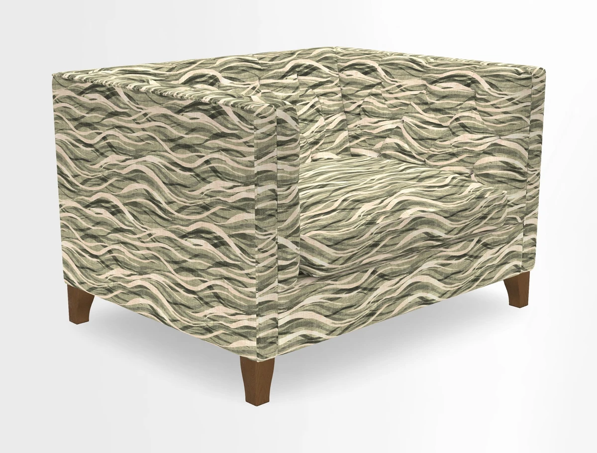 Haresfield Snuggler Dipped Arms in Mohair Lichen Seat Cushion in RHS Gertrude Jekyll Meadow Flower Olive and Scatters in RHS Gertrude Jekyll Folklore Olive