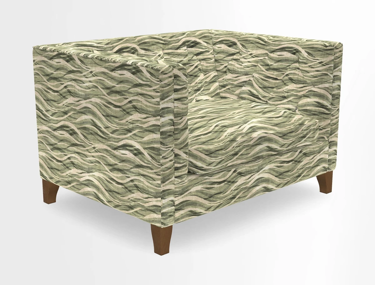 Haresfield Snuggler Dipped Arms in Mohair Lichen Seat Cushion in RHS Gertrude Jekyll Meadow Flower Olive and Scatters in RHS Gertrude Jekyll Folklore Olive
