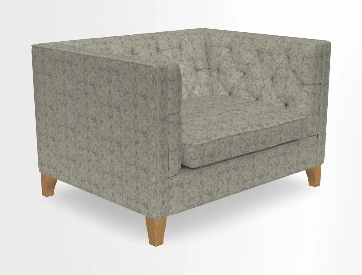Haresfield Snuggler Dipped Arms in Mohair Lichen Seat Cushion in RHS Gertrude Jekyll Meadow Flower Olive and Scatters in RHS Gertrude Jekyll Folklore Olive