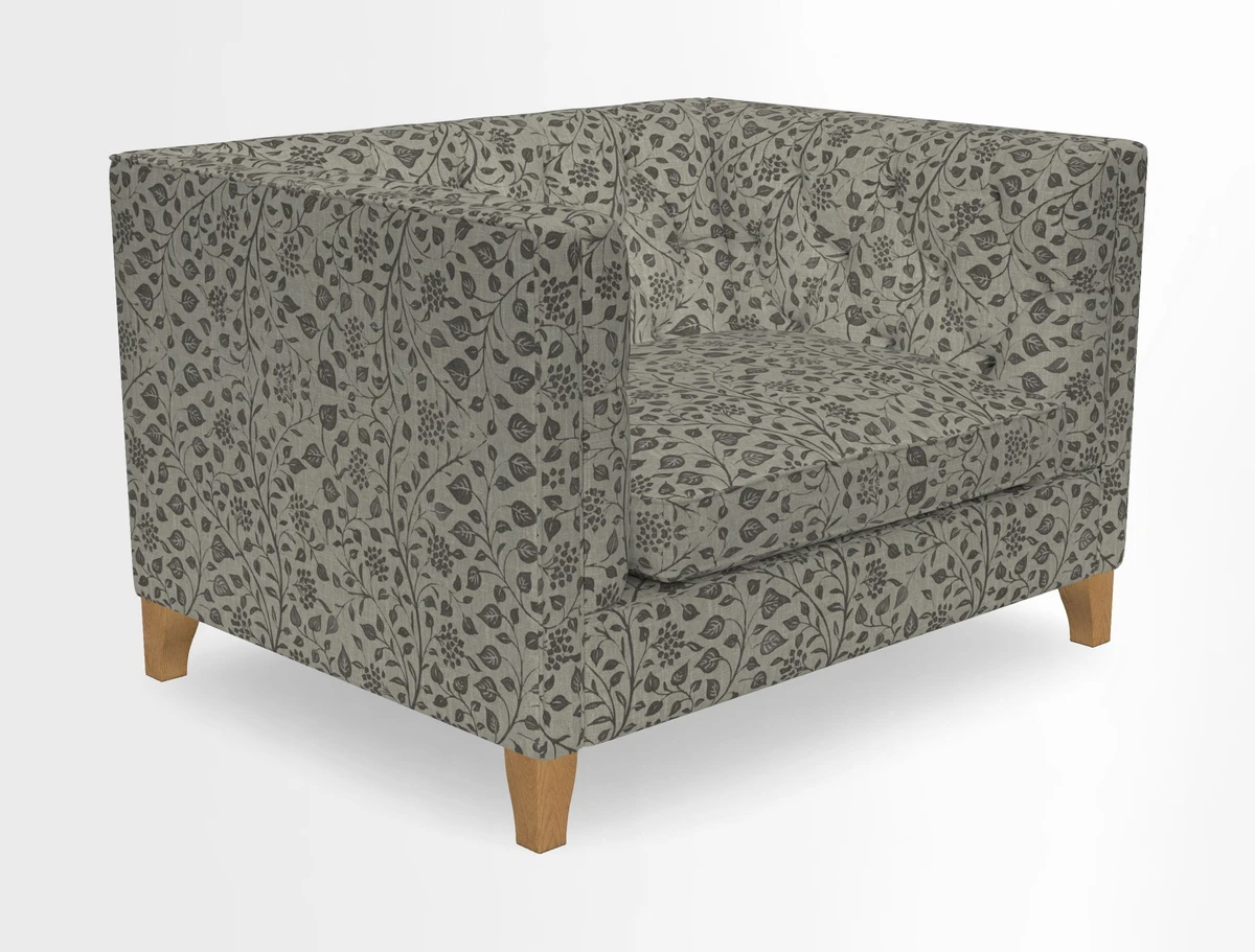 Haresfield Snuggler Dipped Arms in Mohair Lichen Seat Cushion in RHS Gertrude Jekyll Meadow Flower Olive and Scatters in RHS Gertrude Jekyll Folklore Olive