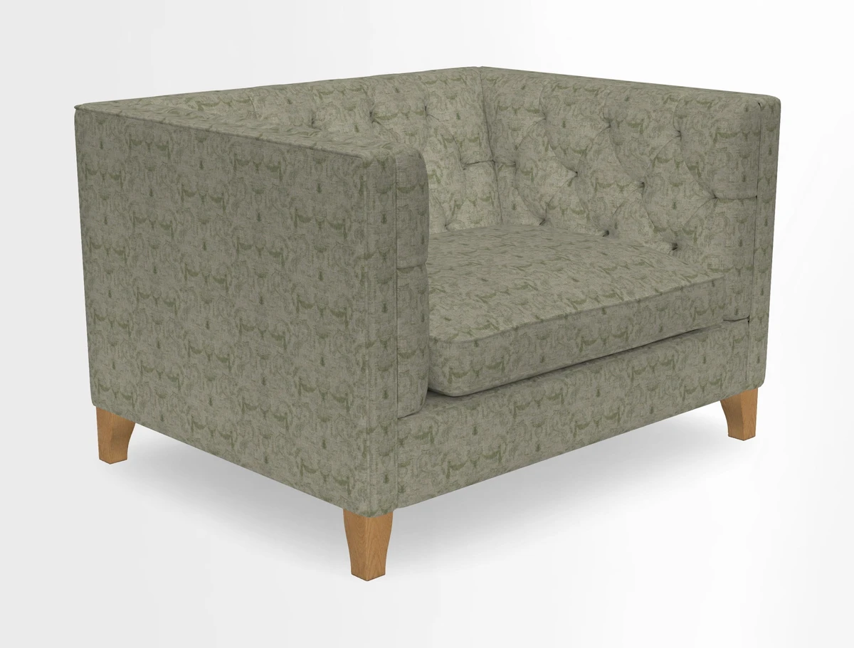 Haresfield Snuggler Dipped Arms in Mohair Lichen Seat Cushion in RHS Gertrude Jekyll Meadow Flower Olive and Scatters in RHS Gertrude Jekyll Folklore Olive