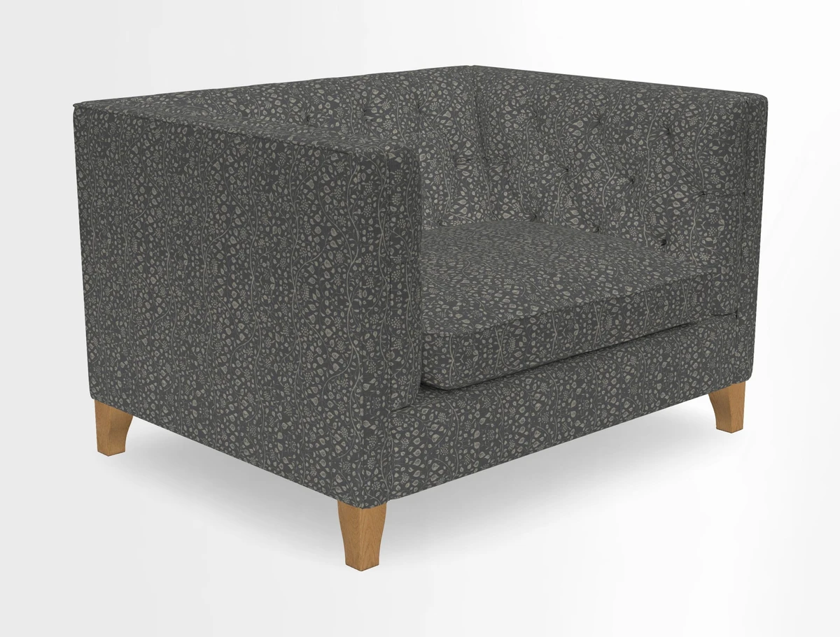 Haresfield Snuggler Dipped Arms in Mohair Lichen Seat Cushion in RHS Gertrude Jekyll Meadow Flower Olive and Scatters in RHS Gertrude Jekyll Folklore Olive