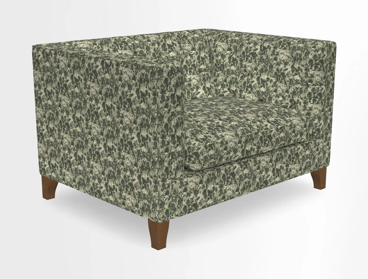 Haresfield Snuggler Dipped Arms in Mohair Lichen Seat Cushion in RHS Gertrude Jekyll Meadow Flower Olive and Scatters in RHS Gertrude Jekyll Folklore Olive