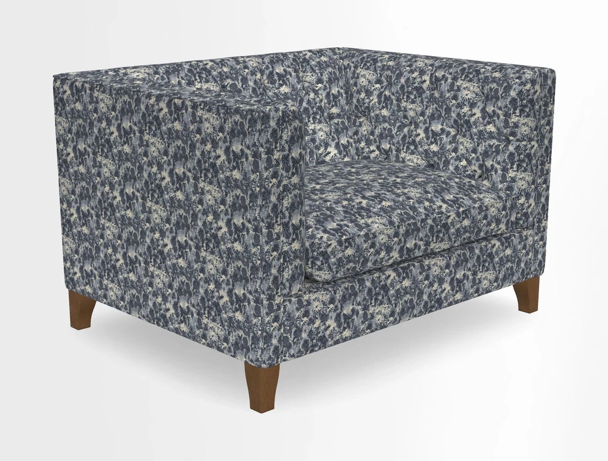 Haresfield Snuggler Dipped Arms in Mohair Lichen Seat Cushion in RHS Gertrude Jekyll Meadow Flower Olive and Scatters in RHS Gertrude Jekyll Folklore Olive