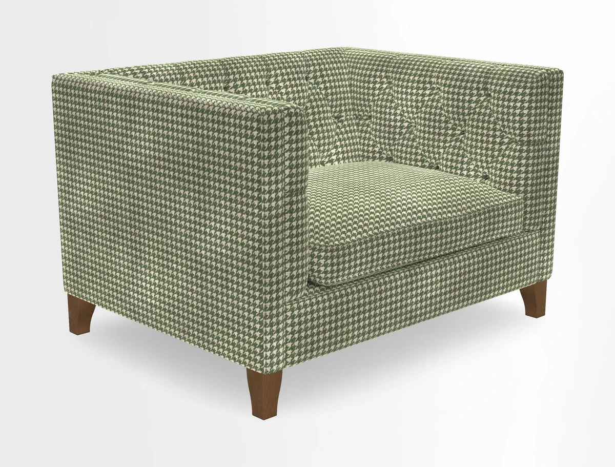 Haresfield Snuggler Dipped Arms in Mohair Lichen Seat Cushion in RHS Gertrude Jekyll Meadow Flower Olive and Scatters in RHS Gertrude Jekyll Folklore Olive