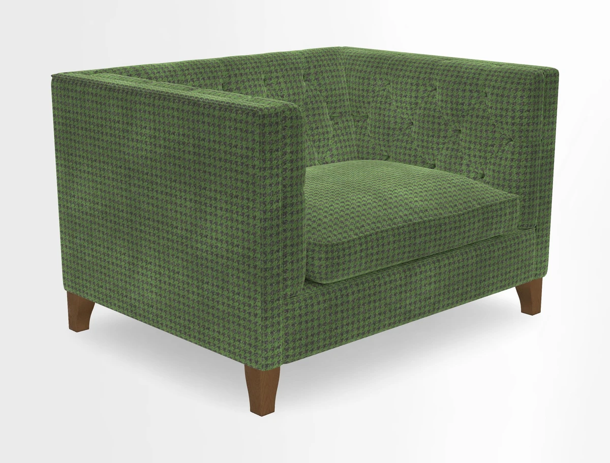 Haresfield Snuggler Dipped Arms in Mohair Lichen Seat Cushion in RHS Gertrude Jekyll Meadow Flower Olive and Scatters in RHS Gertrude Jekyll Folklore Olive