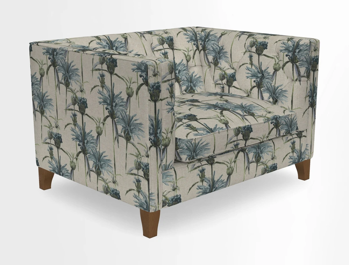Haresfield Snuggler Dipped Arms in Mohair Lichen Seat Cushion in RHS Gertrude Jekyll Meadow Flower Olive and Scatters in RHS Gertrude Jekyll Folklore Olive