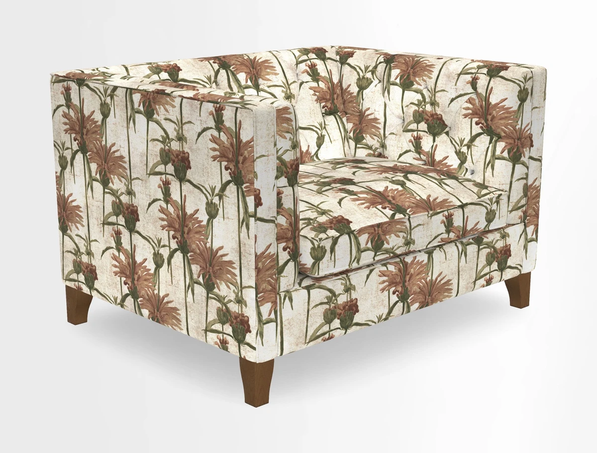 Haresfield Snuggler Dipped Arms in Mohair Lichen Seat Cushion in RHS Gertrude Jekyll Meadow Flower Olive and Scatters in RHS Gertrude Jekyll Folklore Olive