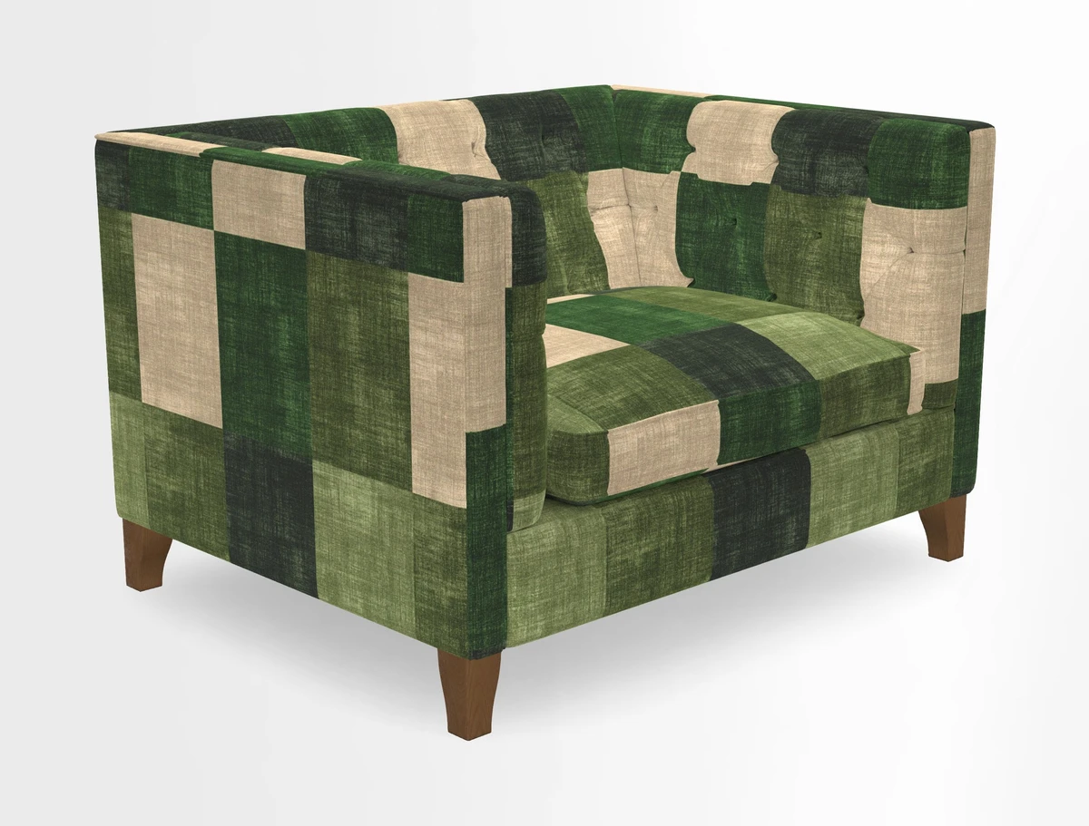 Haresfield Snuggler Dipped Arms in Mohair Lichen Seat Cushion in RHS Gertrude Jekyll Meadow Flower Olive and Scatters in RHS Gertrude Jekyll Folklore Olive
