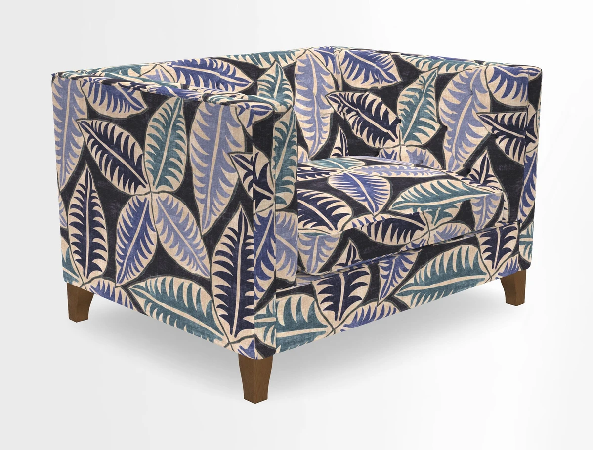 Haresfield Snuggler Dipped Arms in Mohair Lichen Seat Cushion in RHS Gertrude Jekyll Meadow Flower Olive and Scatters in RHS Gertrude Jekyll Folklore Olive