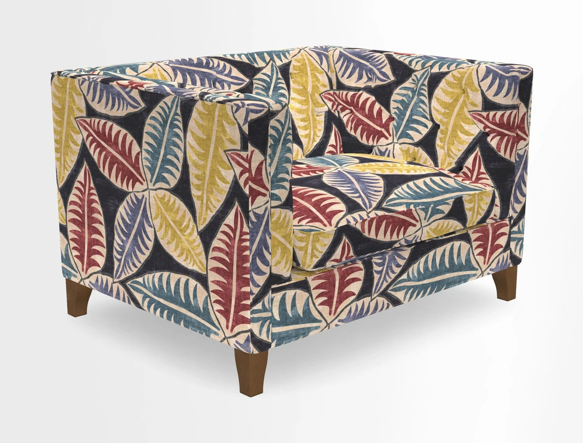 Haresfield Snuggler Dipped Arms in Mohair Lichen Seat Cushion in RHS Gertrude Jekyll Meadow Flower Olive and Scatters in RHS Gertrude Jekyll Folklore Olive