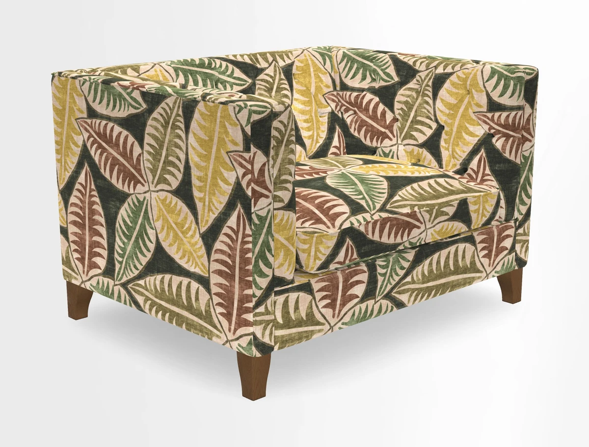 Haresfield Snuggler Dipped Arms in Mohair Lichen Seat Cushion in RHS Gertrude Jekyll Meadow Flower Olive and Scatters in RHS Gertrude Jekyll Folklore Olive