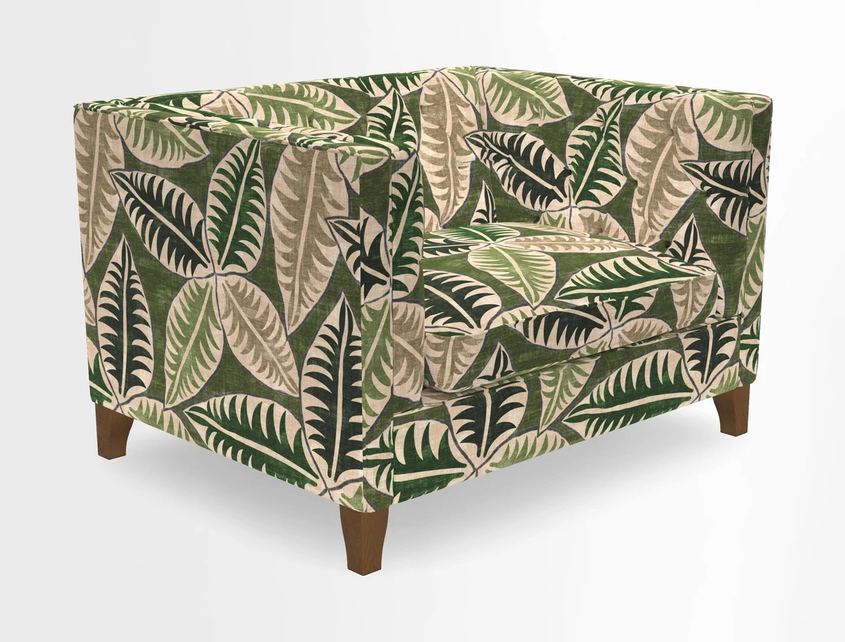 Haresfield Snuggler Dipped Arms in Mohair Lichen Seat Cushion in RHS Gertrude Jekyll Meadow Flower Olive and Scatters in RHS Gertrude Jekyll Folklore Olive