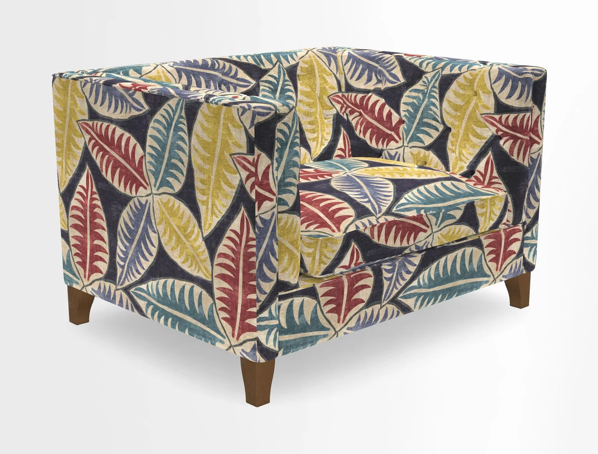 Haresfield Snuggler Dipped Arms in Mohair Lichen Seat Cushion in RHS Gertrude Jekyll Meadow Flower Olive and Scatters in RHS Gertrude Jekyll Folklore Olive