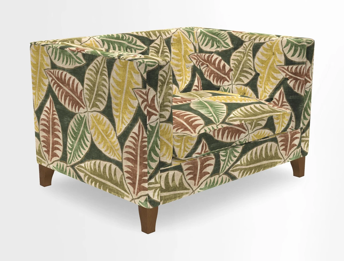Haresfield Snuggler Dipped Arms in Mohair Lichen Seat Cushion in RHS Gertrude Jekyll Meadow Flower Olive and Scatters in RHS Gertrude Jekyll Folklore Olive