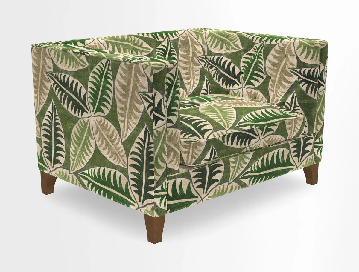 Haresfield Snuggler Dipped Arms in Mohair Lichen Seat Cushion in RHS Gertrude Jekyll Meadow Flower Olive and Scatters in RHS Gertrude Jekyll Folklore Olive