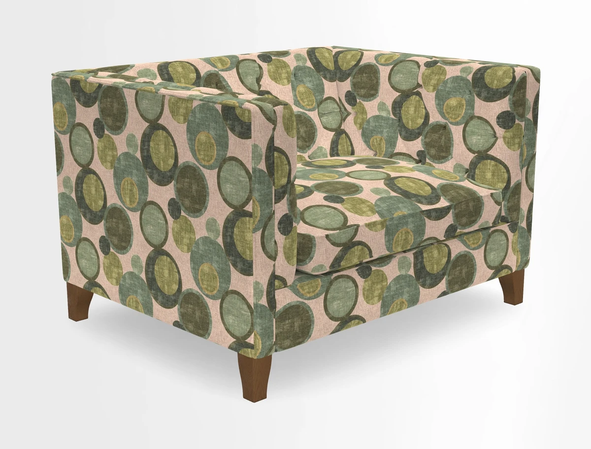 Haresfield Snuggler Dipped Arms in Mohair Lichen Seat Cushion in RHS Gertrude Jekyll Meadow Flower Olive and Scatters in RHS Gertrude Jekyll Folklore Olive