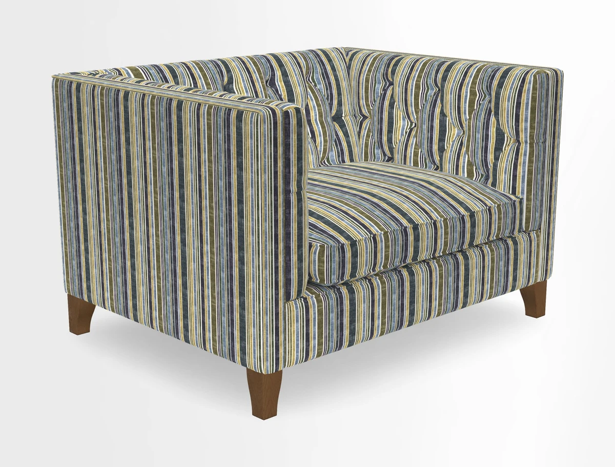 Haresfield Snuggler Dipped Arms in Mohair Lichen Seat Cushion in RHS Gertrude Jekyll Meadow Flower Olive and Scatters in RHS Gertrude Jekyll Folklore Olive