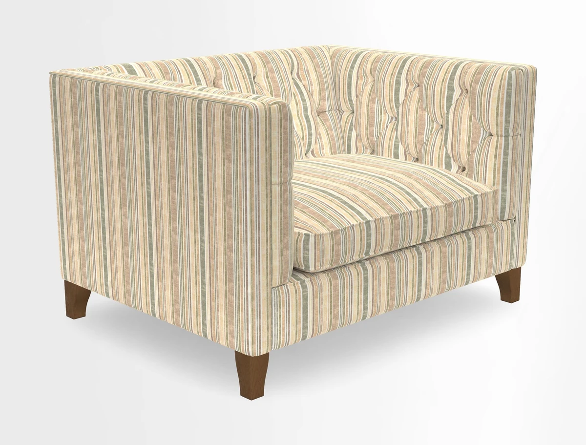 Haresfield Snuggler Dipped Arms in Mohair Lichen Seat Cushion in RHS Gertrude Jekyll Meadow Flower Olive and Scatters in RHS Gertrude Jekyll Folklore Olive