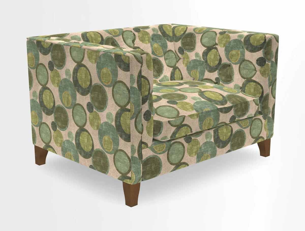 Haresfield Snuggler Dipped Arms in Mohair Lichen Seat Cushion in RHS Gertrude Jekyll Meadow Flower Olive and Scatters in RHS Gertrude Jekyll Folklore Olive
