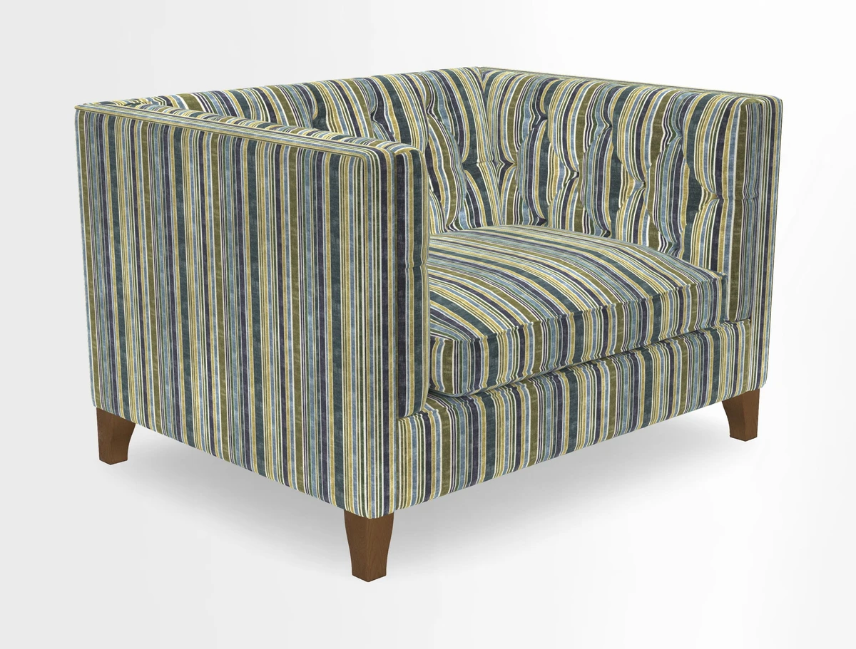 Haresfield Snuggler Dipped Arms in Mohair Lichen Seat Cushion in RHS Gertrude Jekyll Meadow Flower Olive and Scatters in RHS Gertrude Jekyll Folklore Olive