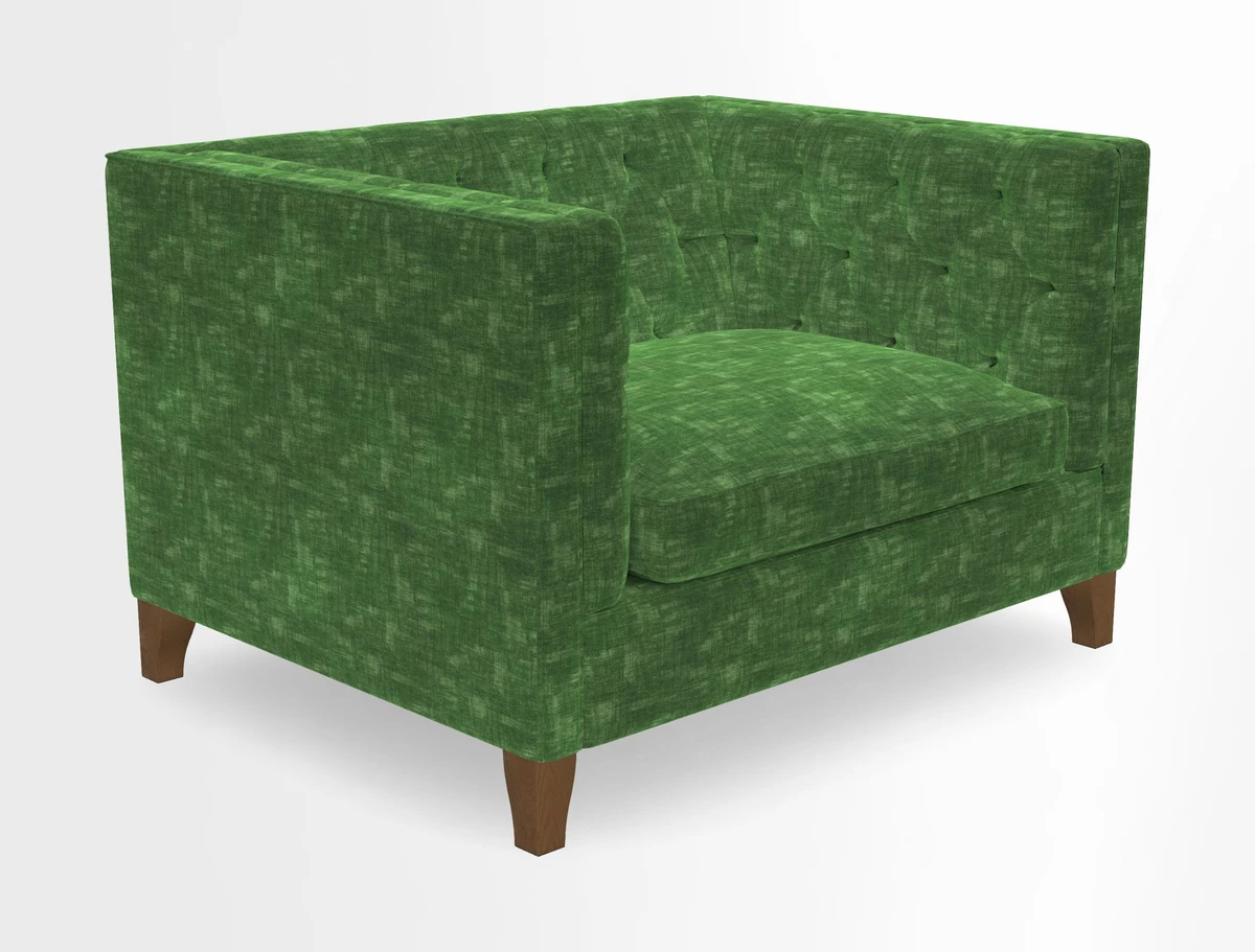 Haresfield Snuggler Dipped Arms in Mohair Lichen Seat Cushion in RHS Gertrude Jekyll Meadow Flower Olive and Scatters in RHS Gertrude Jekyll Folklore Olive