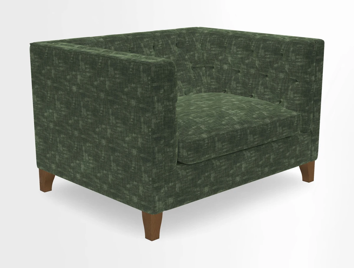 Haresfield Snuggler Dipped Arms in Mohair Lichen Seat Cushion in RHS Gertrude Jekyll Meadow Flower Olive and Scatters in RHS Gertrude Jekyll Folklore Olive