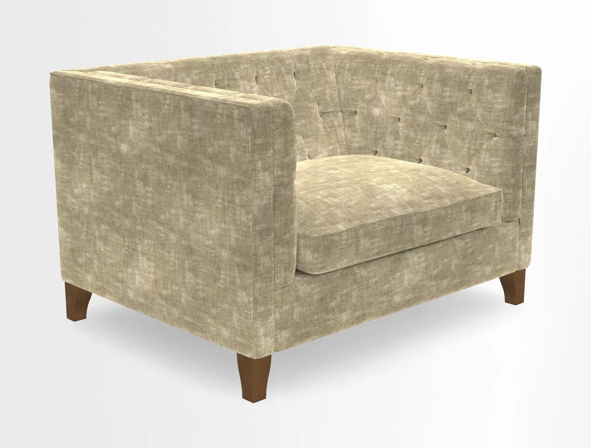 Haresfield Snuggler Dipped Arms in Mohair Lichen Seat Cushion in RHS Gertrude Jekyll Meadow Flower Olive and Scatters in RHS Gertrude Jekyll Folklore Olive