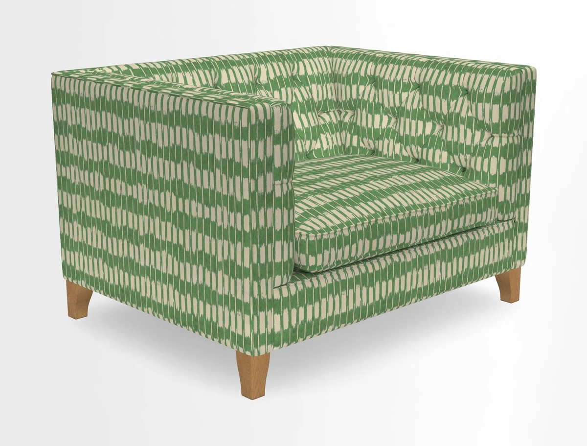 Haresfield Snuggler Dipped Arms in Mohair Lichen Seat Cushion in RHS Gertrude Jekyll Meadow Flower Olive and Scatters in RHS Gertrude Jekyll Folklore Olive