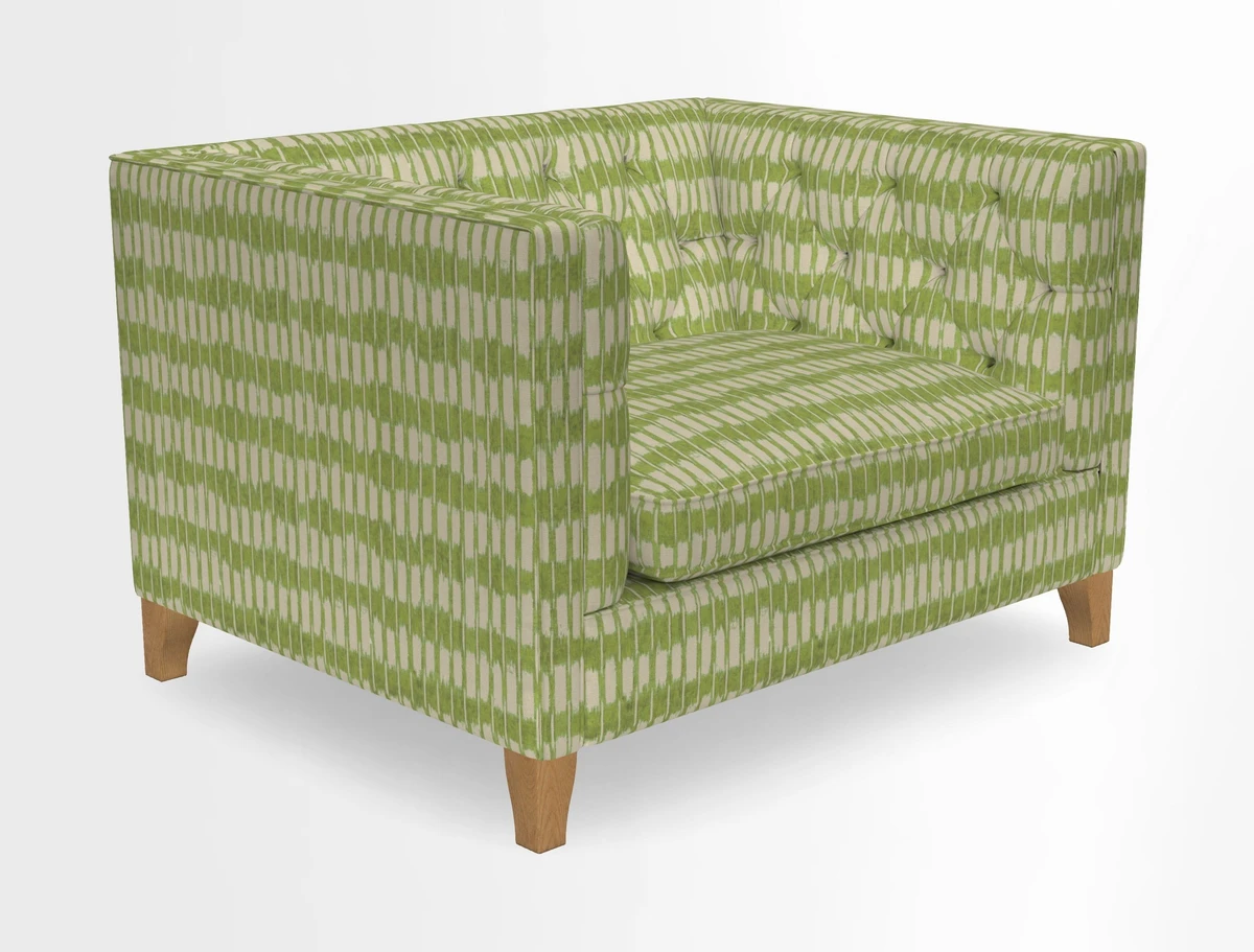 Haresfield Snuggler Dipped Arms in Mohair Lichen Seat Cushion in RHS Gertrude Jekyll Meadow Flower Olive and Scatters in RHS Gertrude Jekyll Folklore Olive