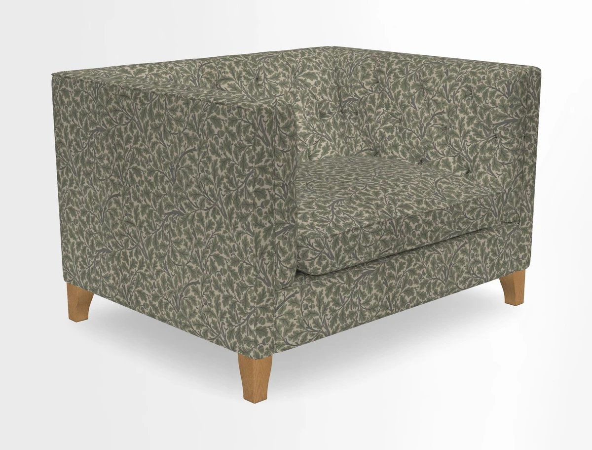 Haresfield Snuggler Dipped Arms in Mohair Lichen Seat Cushion in RHS Gertrude Jekyll Meadow Flower Olive and Scatters in RHS Gertrude Jekyll Folklore Olive