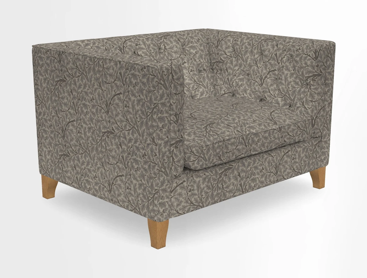 Haresfield Snuggler Dipped Arms in Mohair Lichen Seat Cushion in RHS Gertrude Jekyll Meadow Flower Olive and Scatters in RHS Gertrude Jekyll Folklore Olive