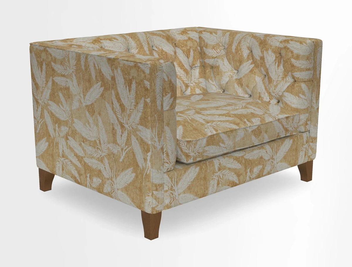 Haresfield Snuggler Dipped Arms in Mohair Lichen Seat Cushion in RHS Gertrude Jekyll Meadow Flower Olive and Scatters in RHS Gertrude Jekyll Folklore Olive