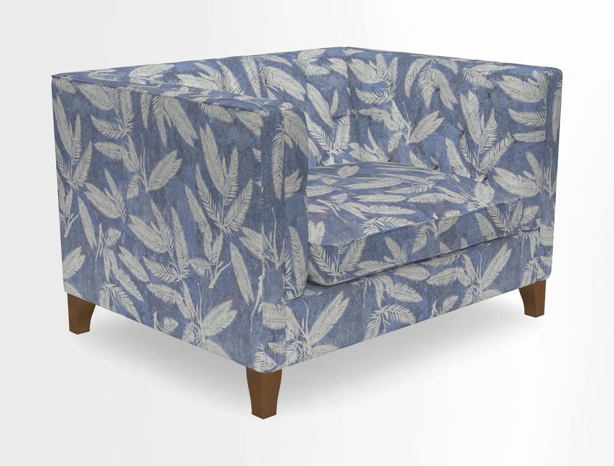 Haresfield Snuggler Dipped Arms in Mohair Lichen Seat Cushion in RHS Gertrude Jekyll Meadow Flower Olive and Scatters in RHS Gertrude Jekyll Folklore Olive