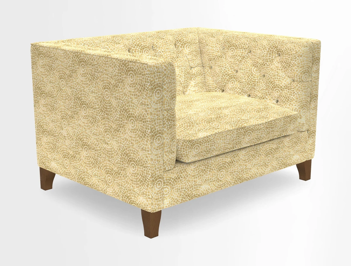 Haresfield Snuggler Dipped Arms in Mohair Lichen Seat Cushion in RHS Gertrude Jekyll Meadow Flower Olive and Scatters in RHS Gertrude Jekyll Folklore Olive