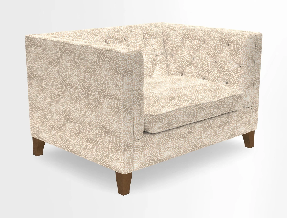Haresfield Snuggler Dipped Arms in Mohair Lichen Seat Cushion in RHS Gertrude Jekyll Meadow Flower Olive and Scatters in RHS Gertrude Jekyll Folklore Olive